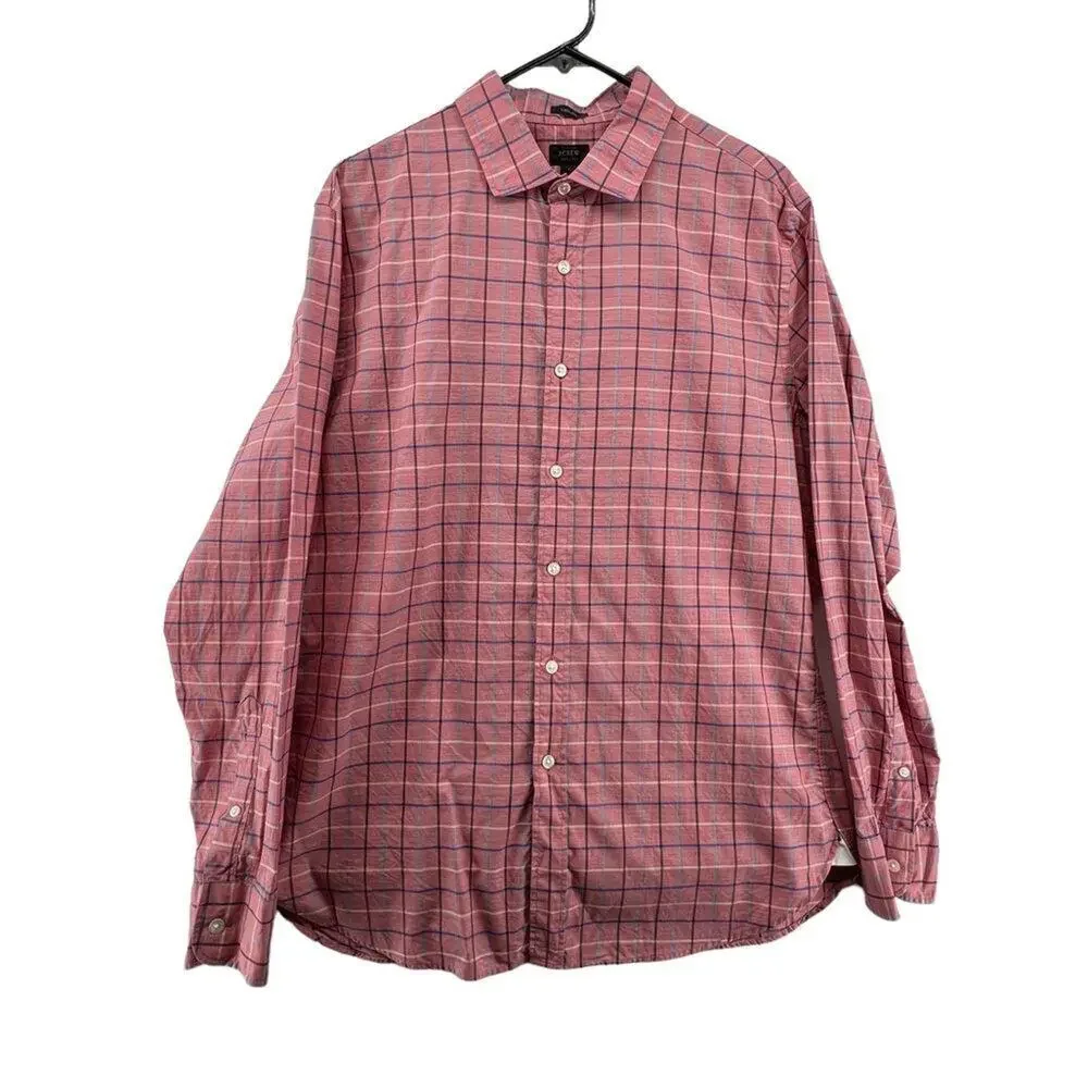 J. Crew Size Large Button Up Shirt Ludlow 120's 2 Ply Plaid Pink Blue Gray White